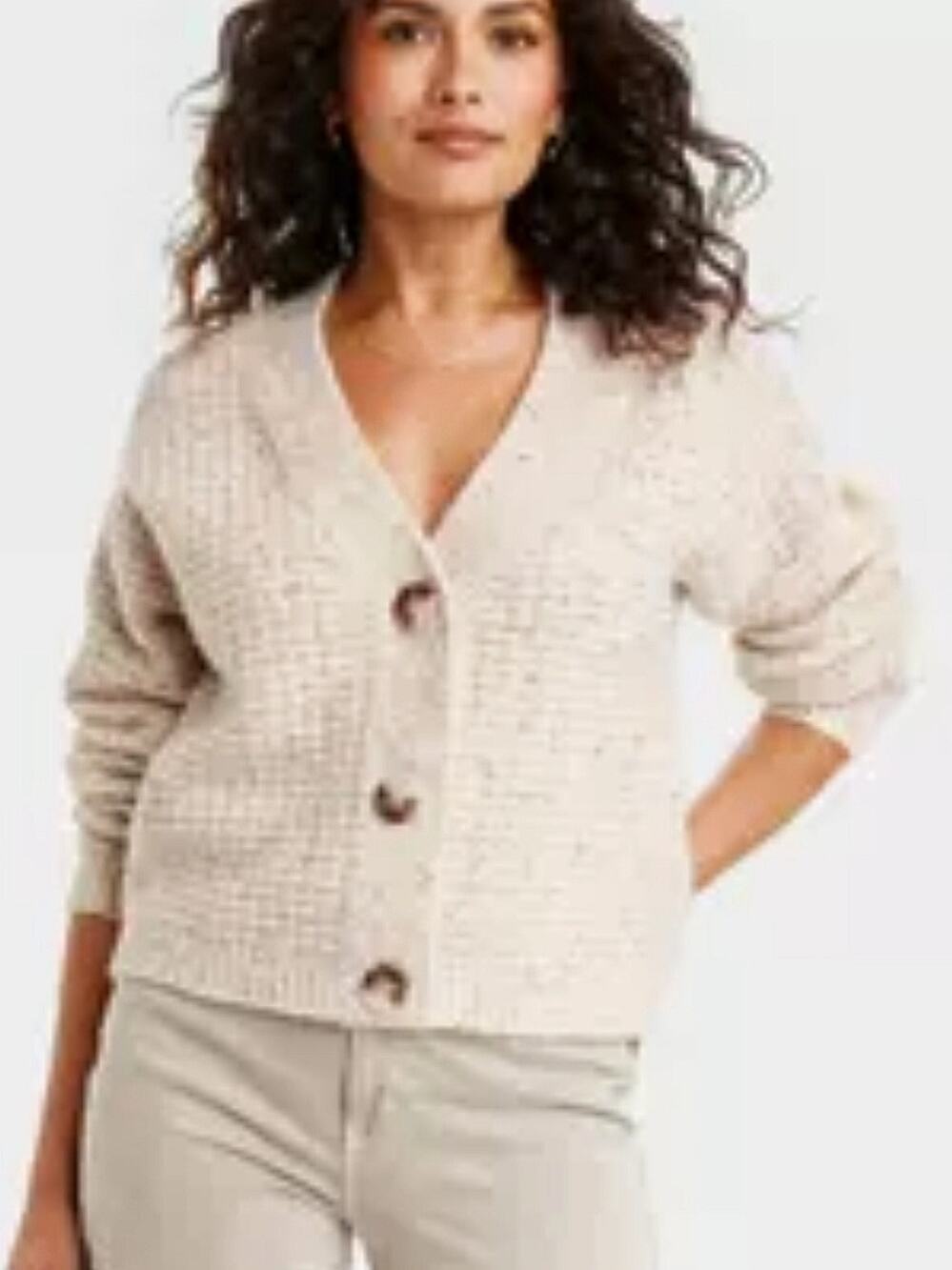 Women Chunky Texture Knit Beige Cardigan L Scandi Cozy Cabin Neutral Fisherman